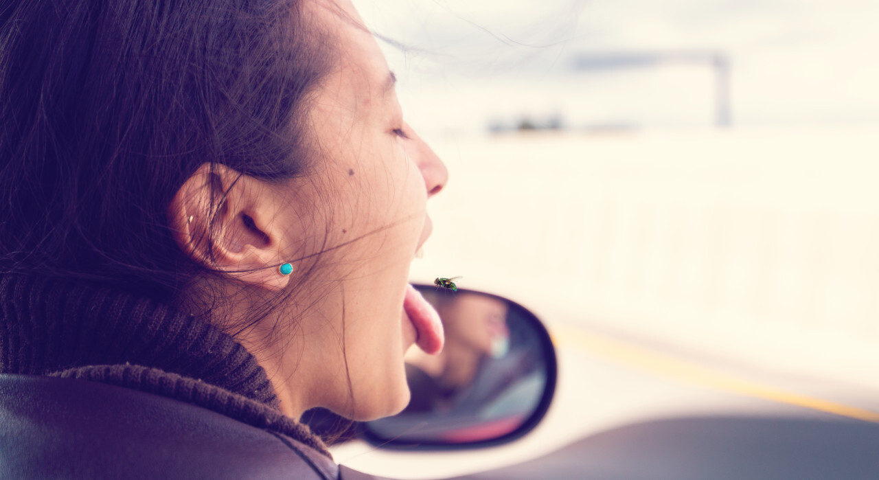 woman looks out of a window from a moving car and sticks out her tongue