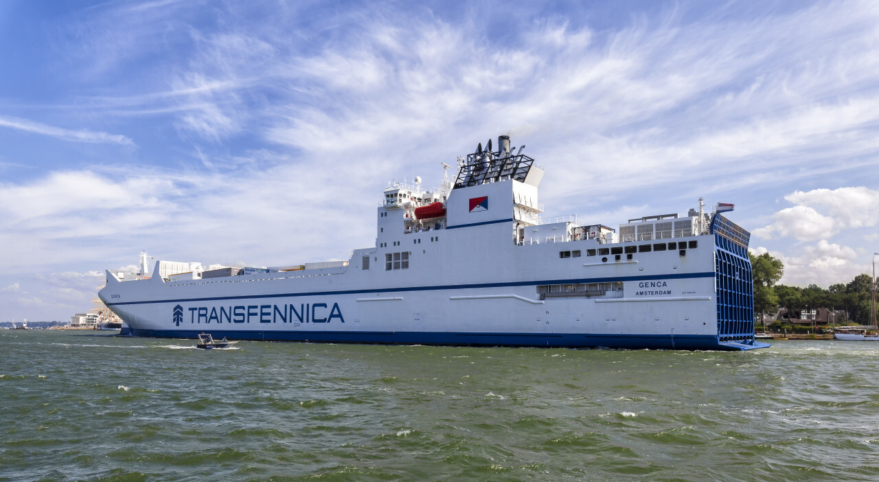 Lübeck, Schleswig-Holstein, Germany - JULY 27, 2019: GENCA Transfennica, Traveexpress Cargo - Hazard A Ship