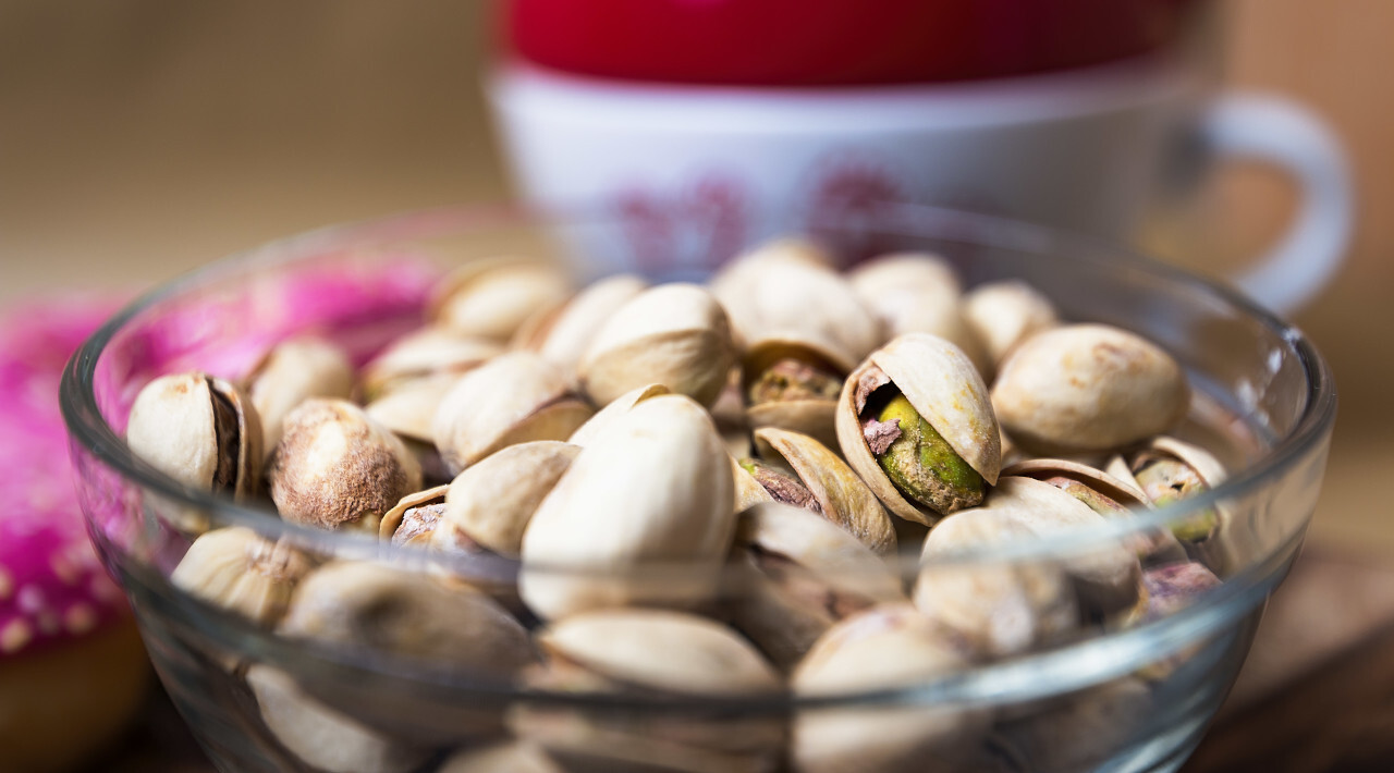 pistachios in glass bowl