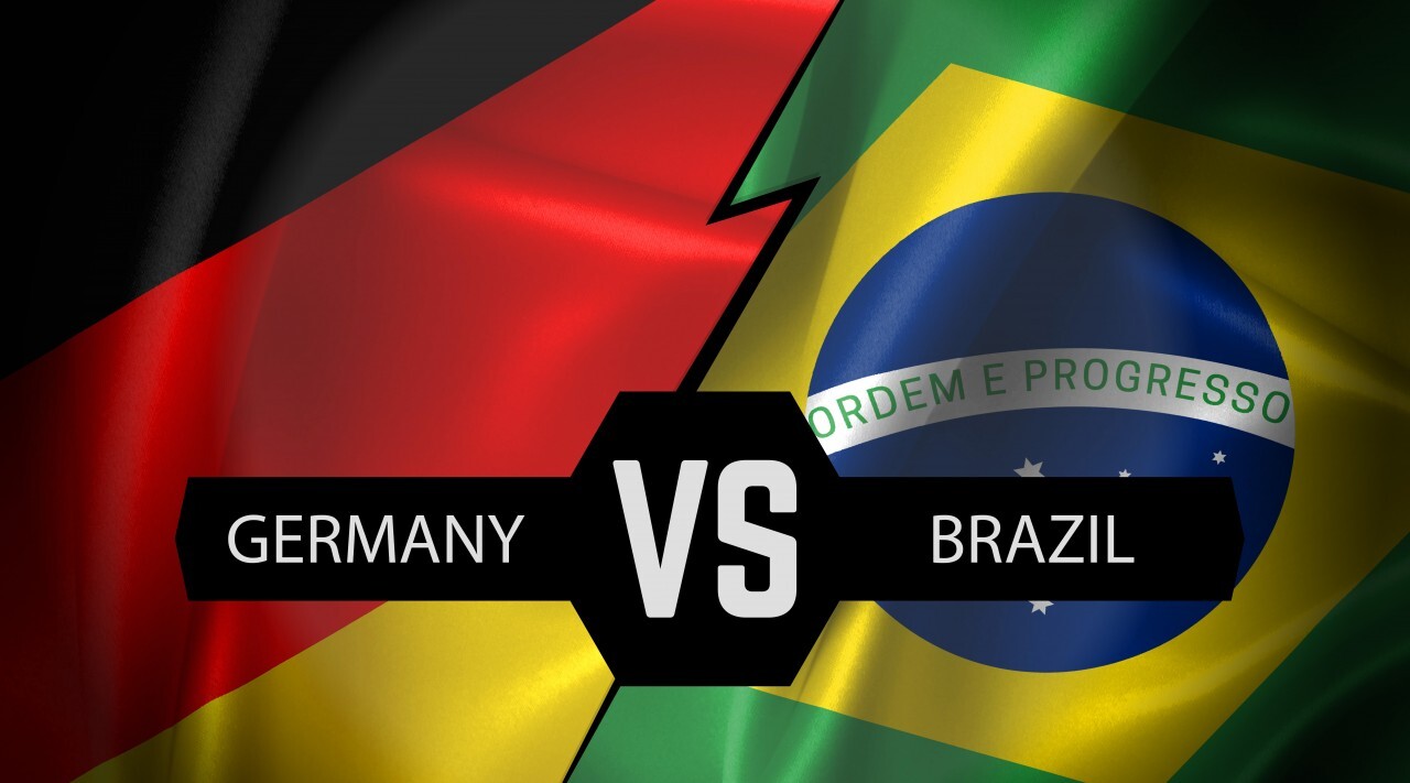 Federal Republic of Germany vs Federative Republic of Brazil, symbol of two national flags from textile