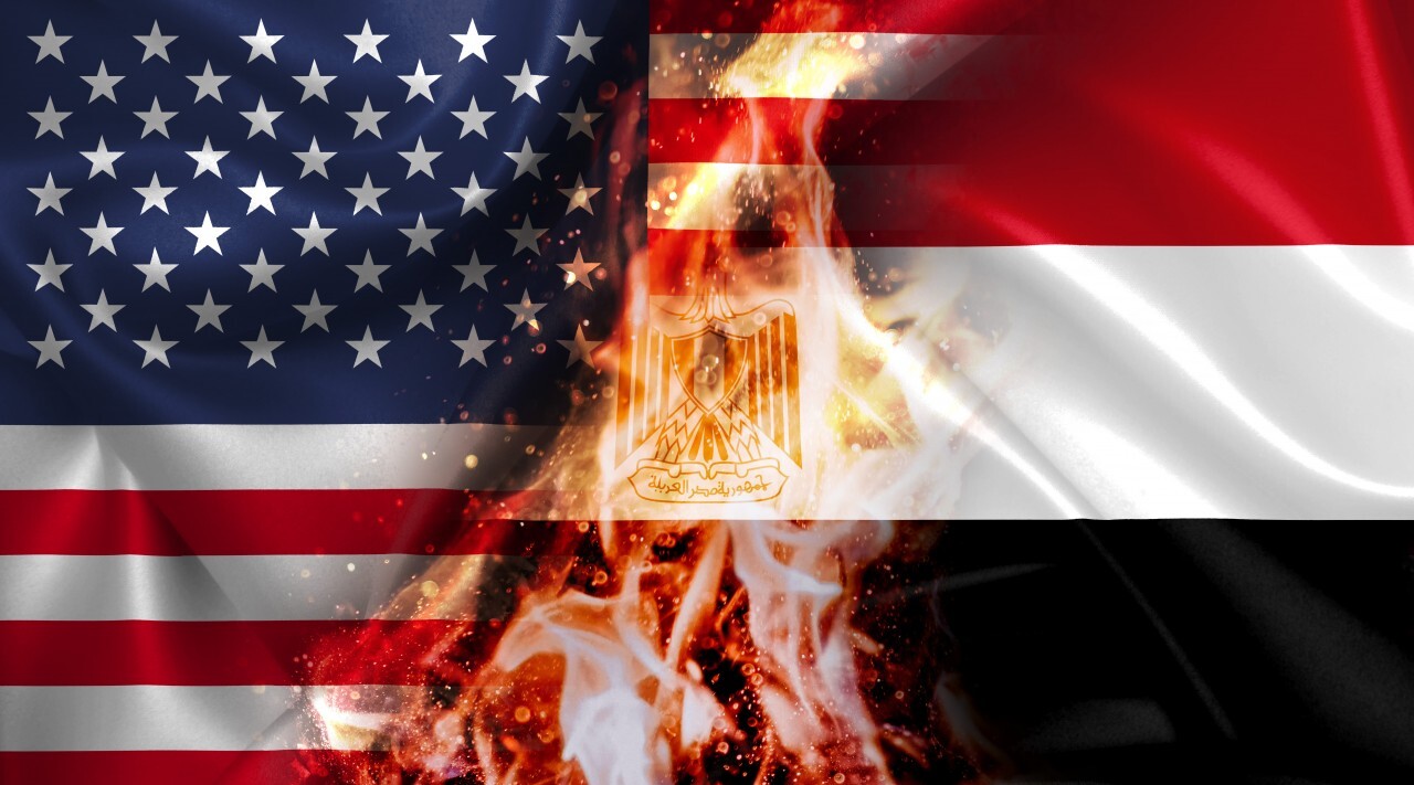 USA vs Egypt burning Flag - conflict war comparison on fire illustration