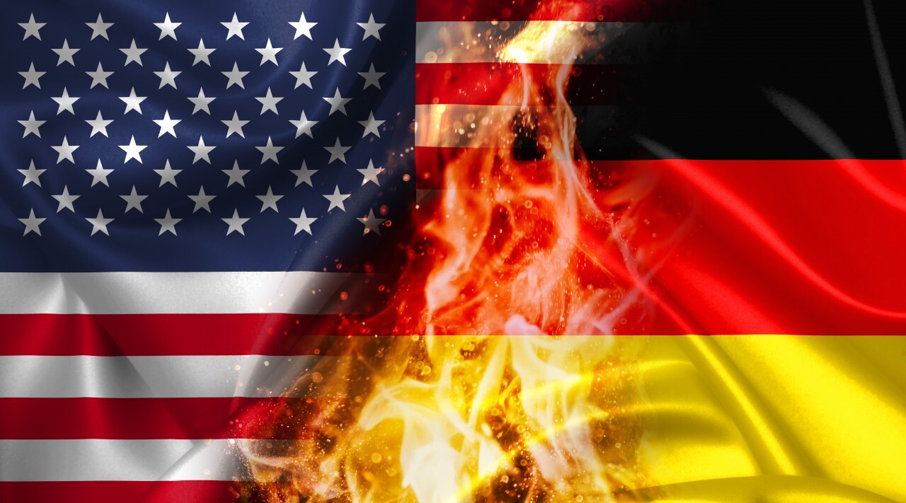 USA vs Germany burning Flag - conflict war comparison on fire illustration