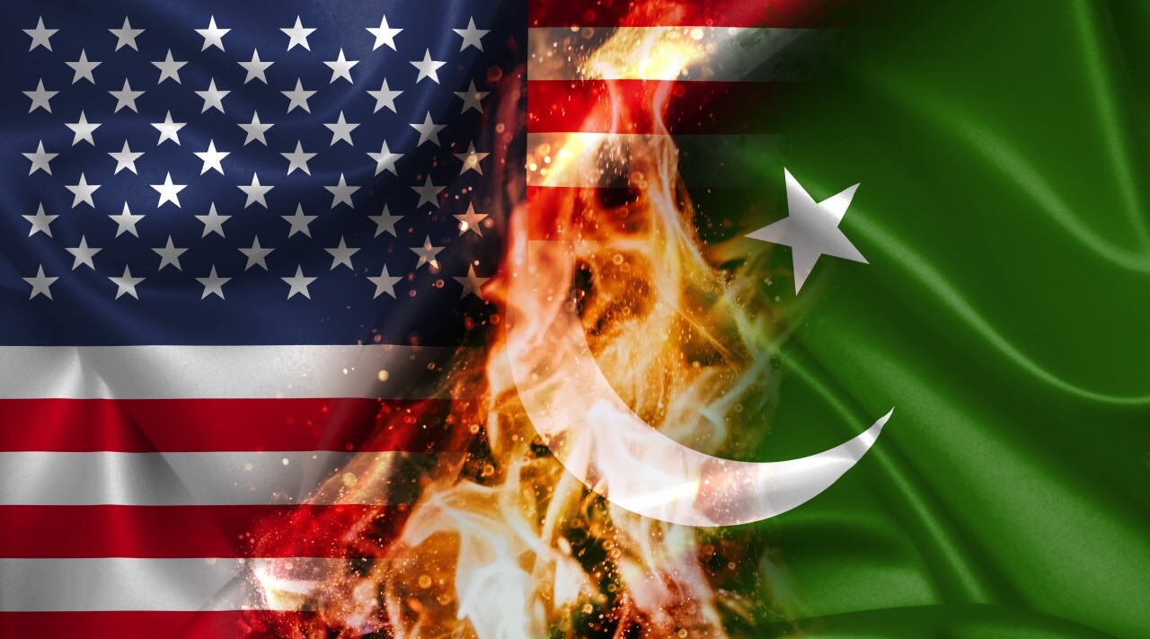 USA vs Pakistan burning Flag - conflict war comparison on fire illustration