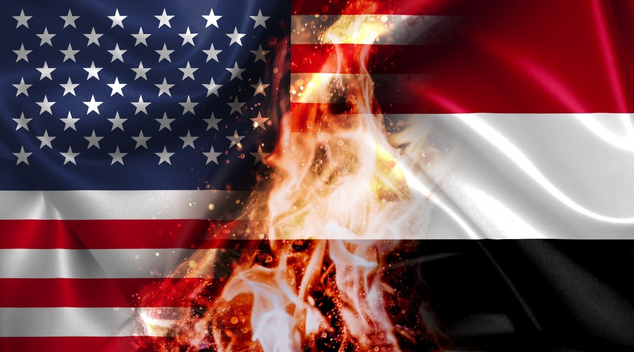 USA vs Yemen burning Flag - conflict war comparison on fire illustration