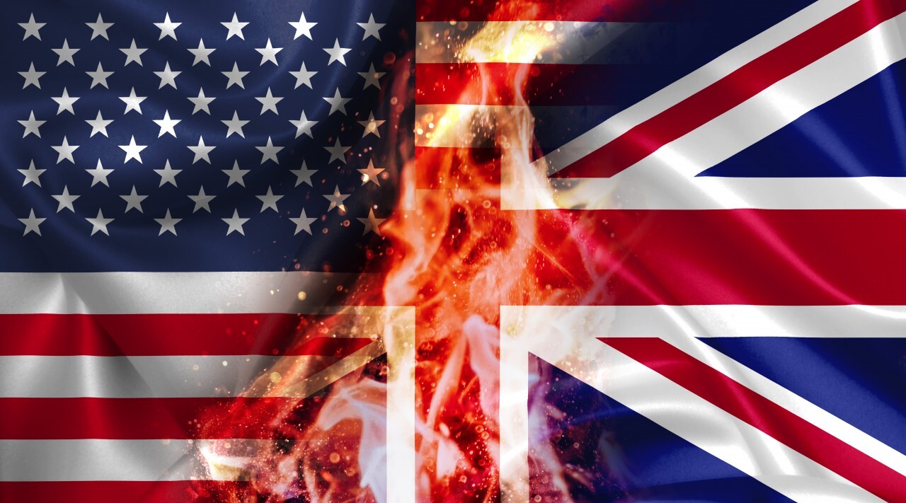 USA vs UK United Kingdom GB Great Britain burning Flag - conflict war comparison on fire illustration