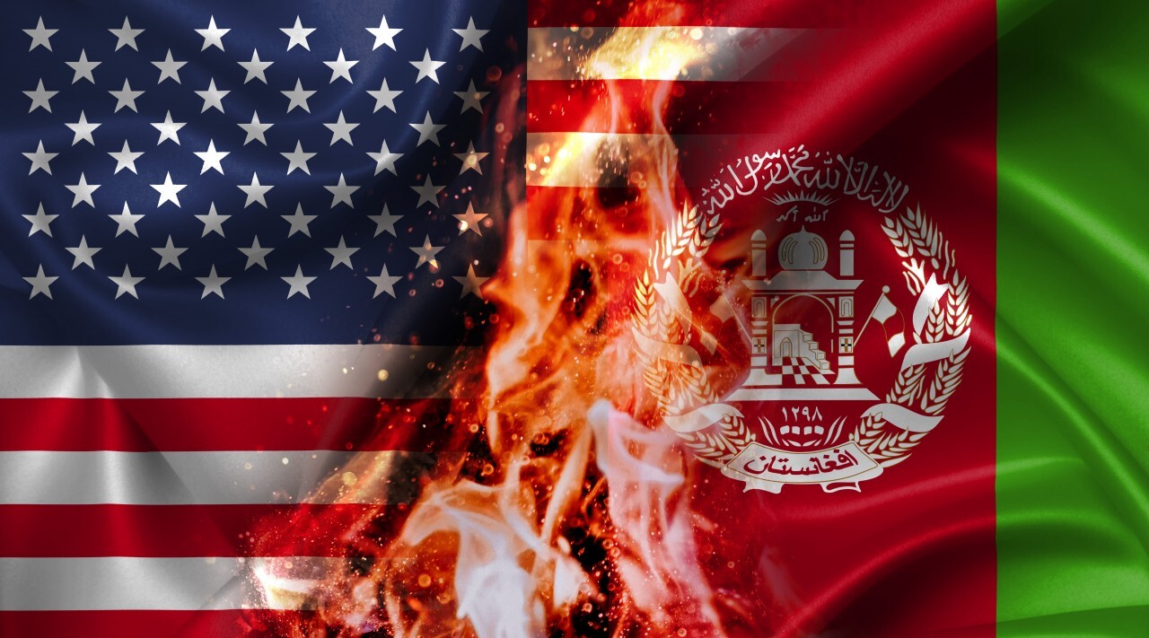 USA vs Afghanistan burning Flag - conflict war comparison on fire illustration