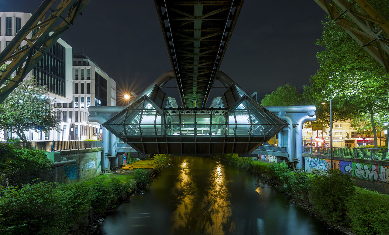 monorail station in wuppertal at night