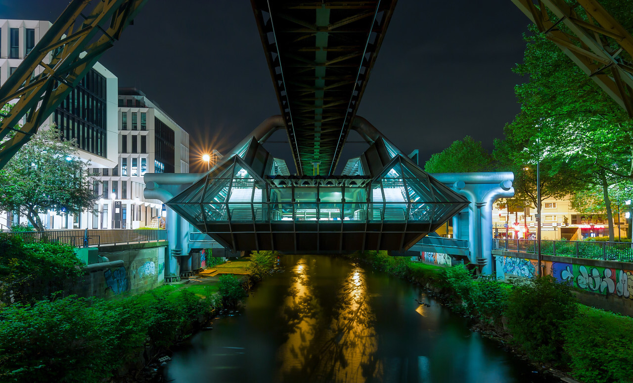 monorail station at night