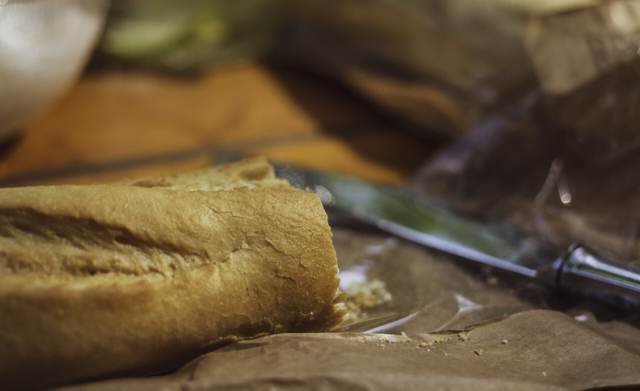 sliced baguette on a garden table