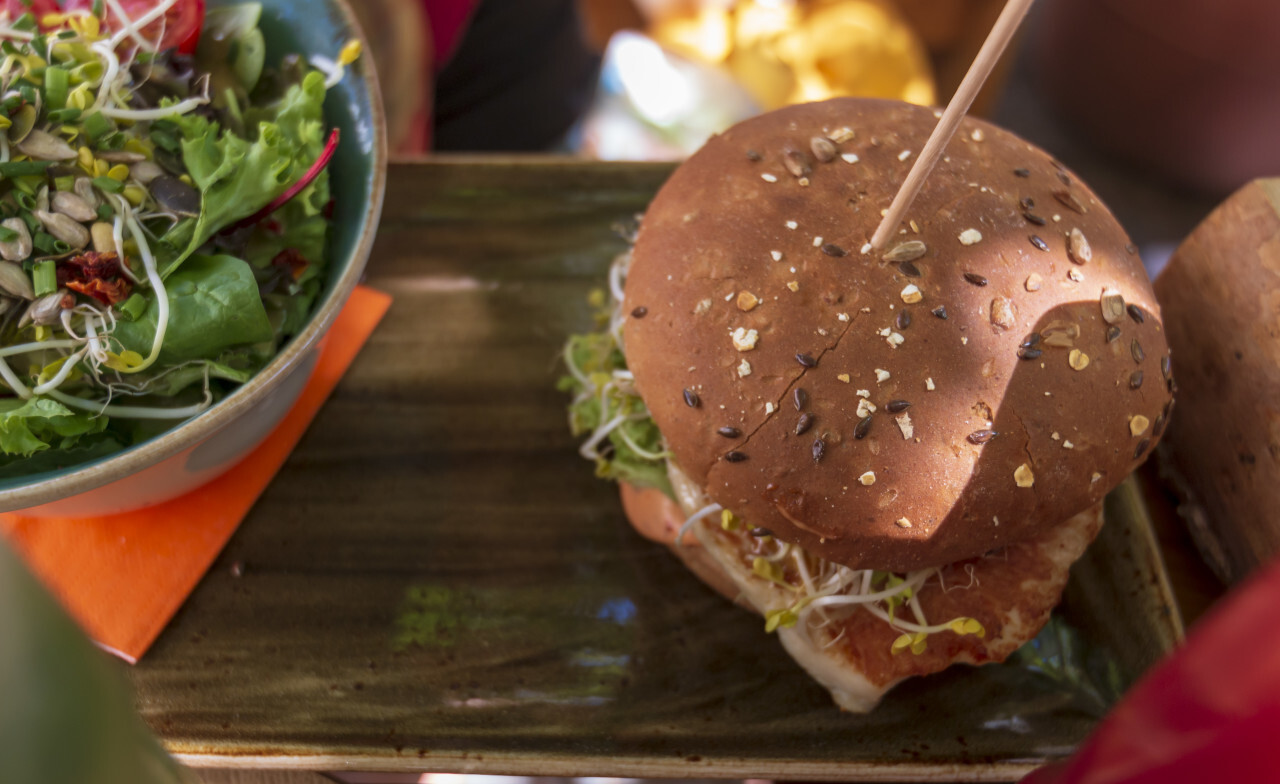 chicken burger with cress and salad