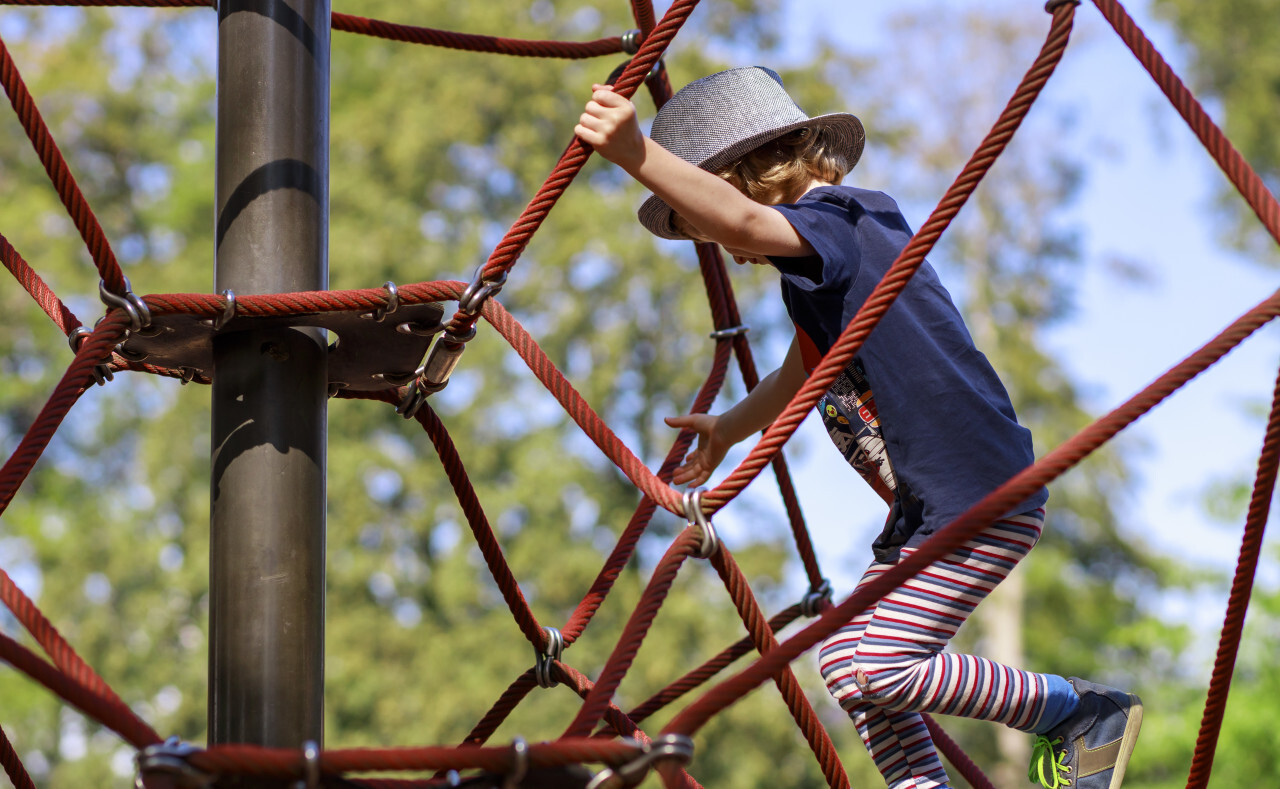 Little boy on a jungle gym