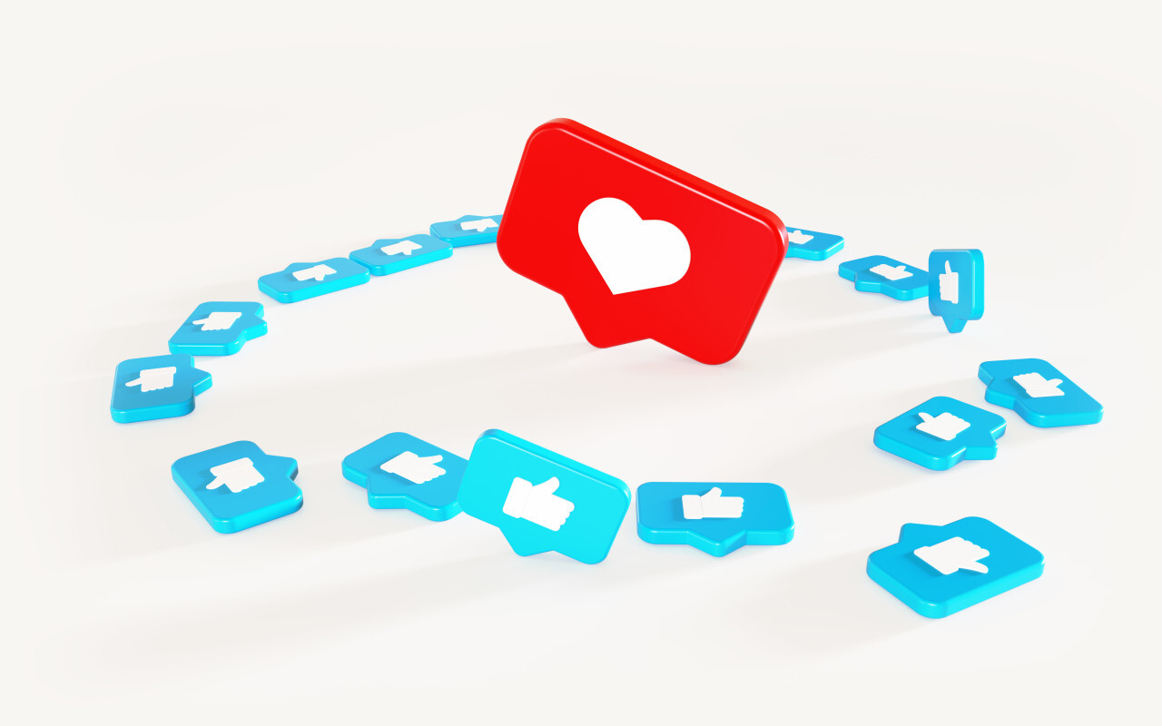 3D-Illustration Social Media Network Love and Like Heart and thumbs up Icon Rendering white Background in red and blue.