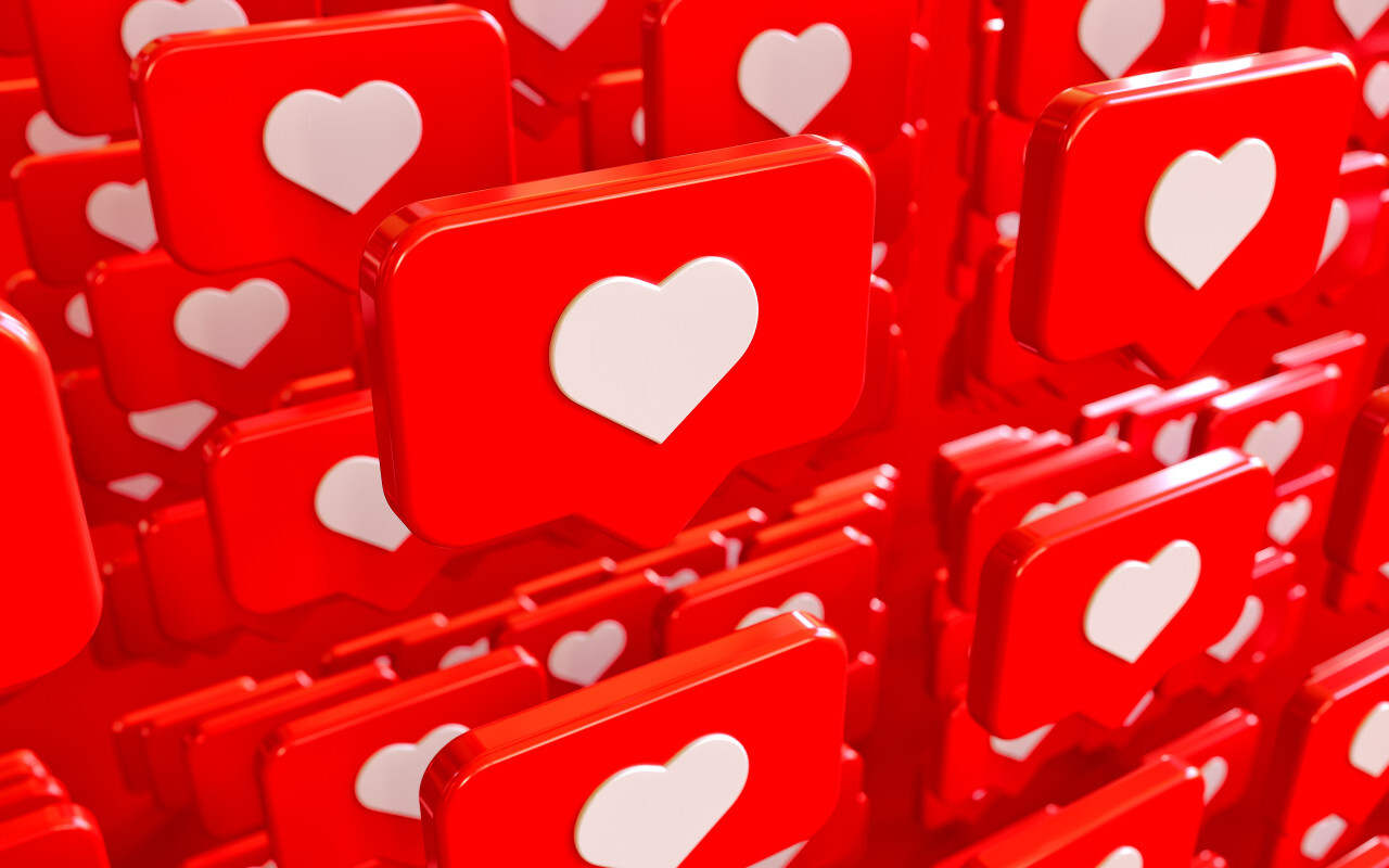 Social Media Network Love and Like Heart Icon 3D Rendering Background in red