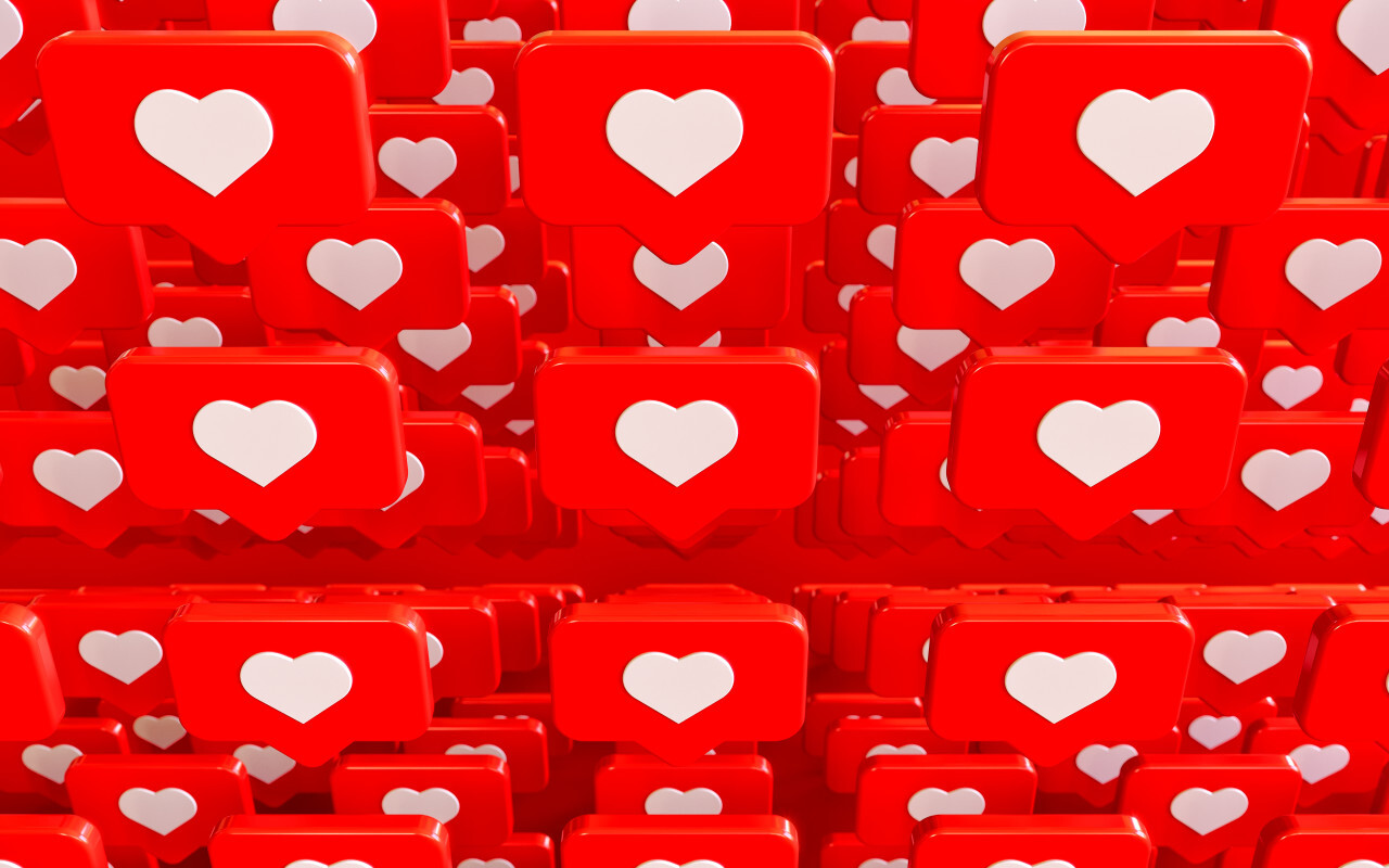 Social Media Network Love and Like Heart Icon 3D Rendering Background in red