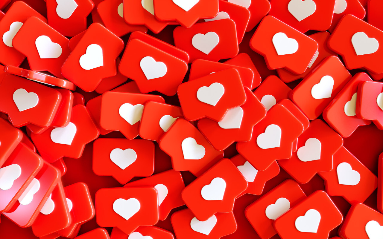 Social Media Network Love and Like Heart Icon 3D Rendering Background in red
