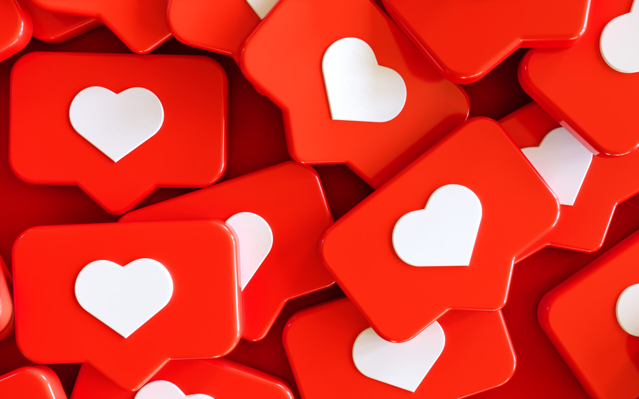 Social Media Network Love and Like Heart Icon 3D Rendering Background in red