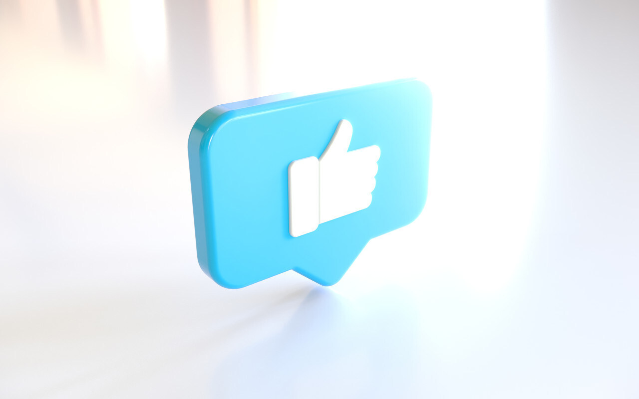 3D Social Media Network Love and Like Heart and thumbs up Icon Rendering white Background in red and blue.