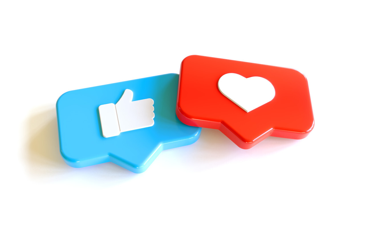 3D Social Media Network Love and Like Heart and thumbs up Icon Rendering white Background in red and blue.