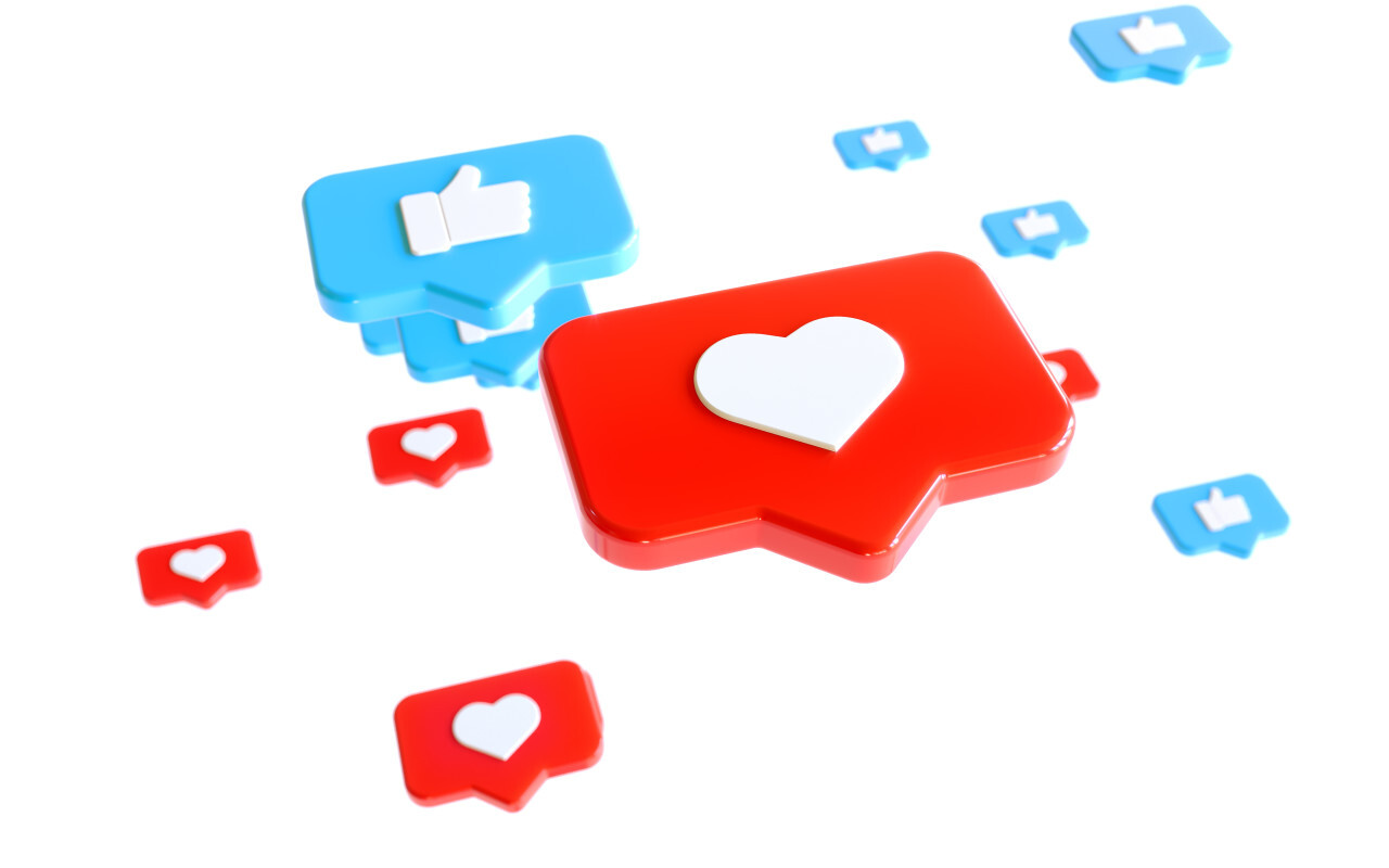 3D Social Media Network Love and Like Heart and thumbs up Icon Rendering white Background in red and blue.