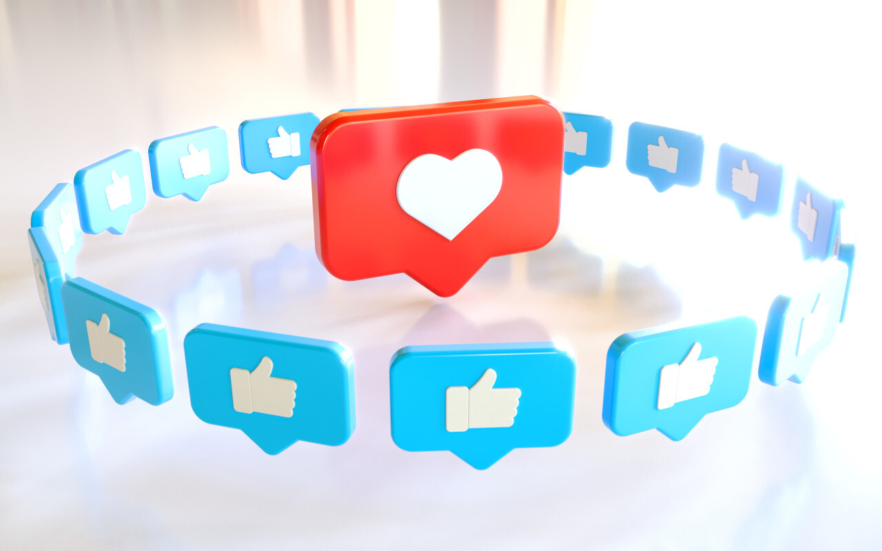 3D Social Media Network Love and Like Heart and thumbs up Icon Rendering white Background in red and blue.