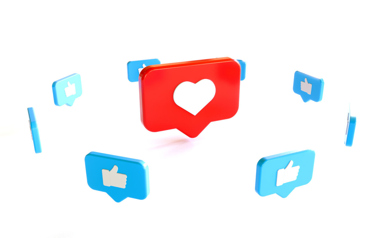 3D Social Media Network Love and Like Heart and thumbs up Icon Rendering white Background in red and blue.