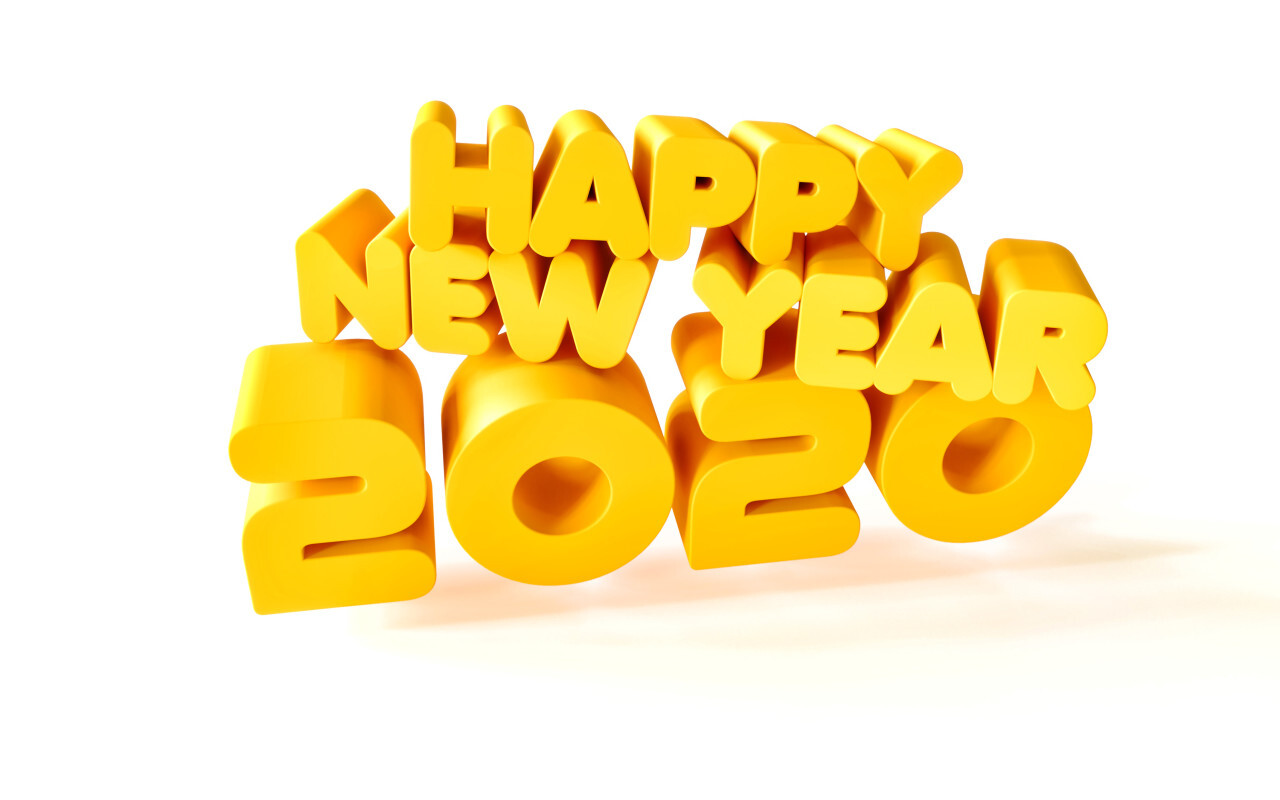 happy new year 2020 yellow gold text on white background