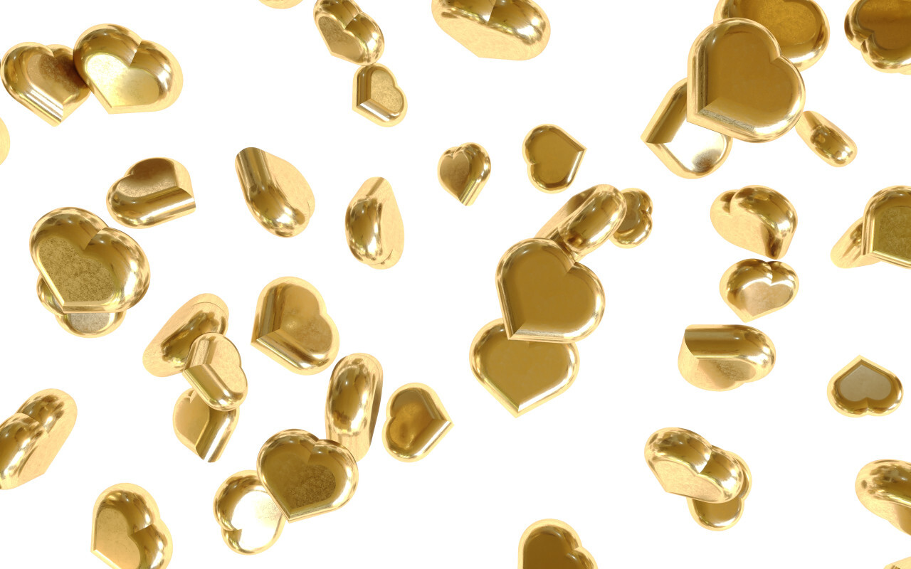 Glittery gold hearts isolated on white background falling down