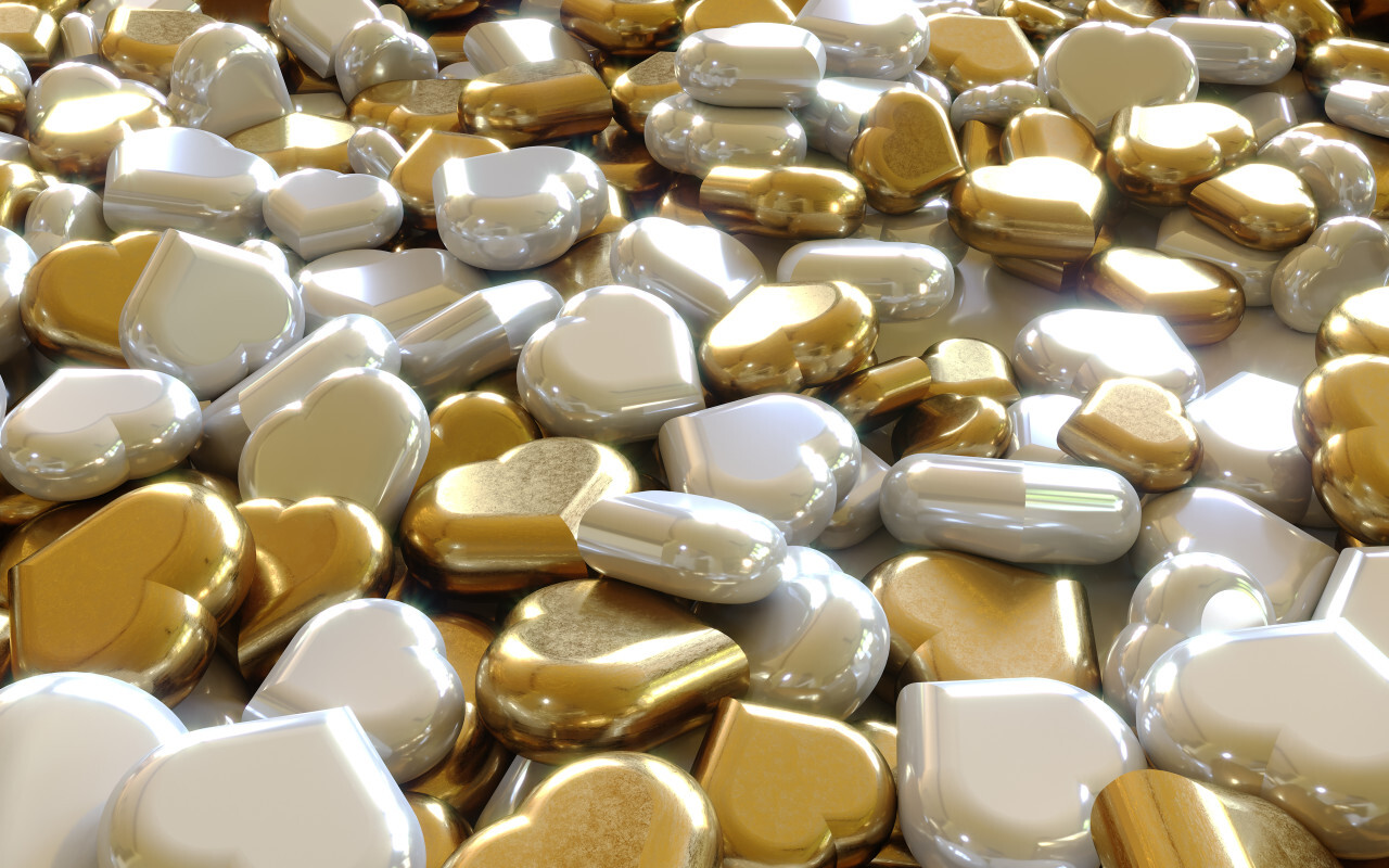 Glittery gold and silver hearts background 3D