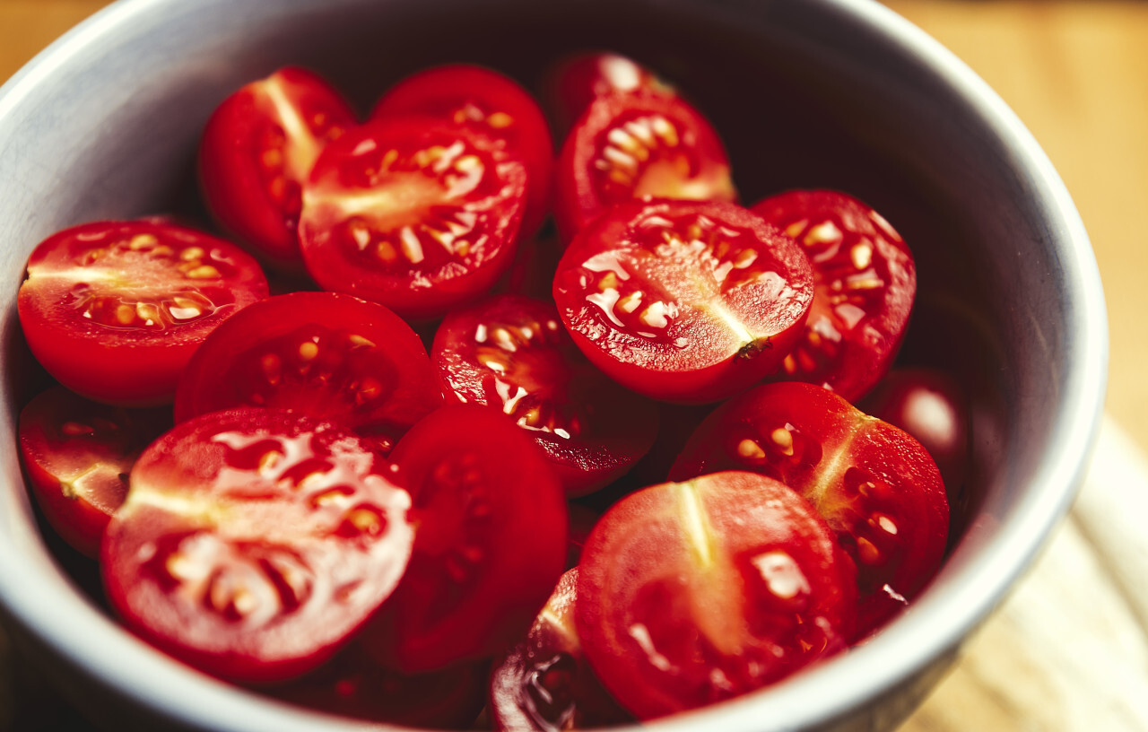 sliced cherry tomatoes in a bowl