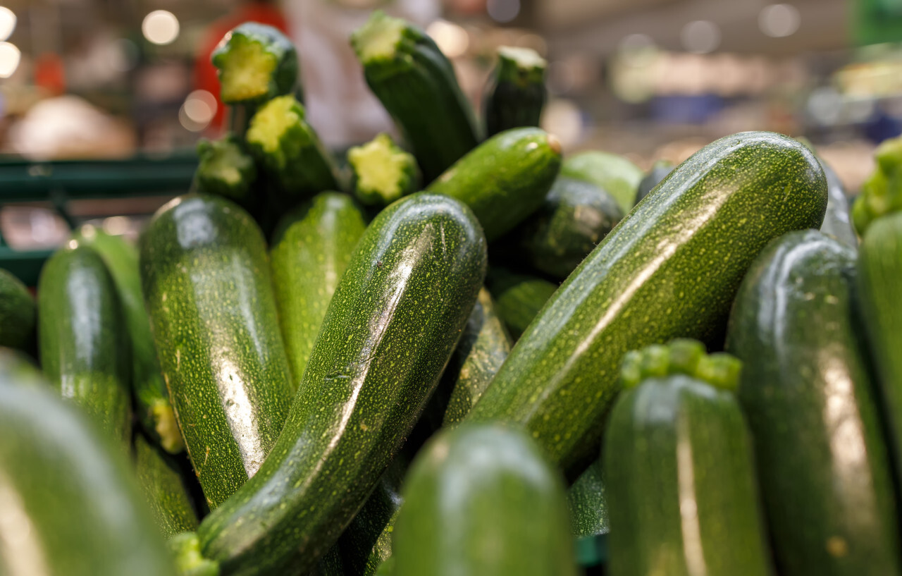 fresh zucchini on the market background