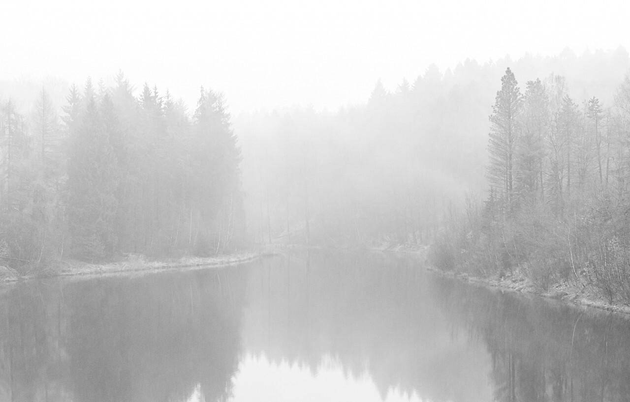 fog at the lake black and white