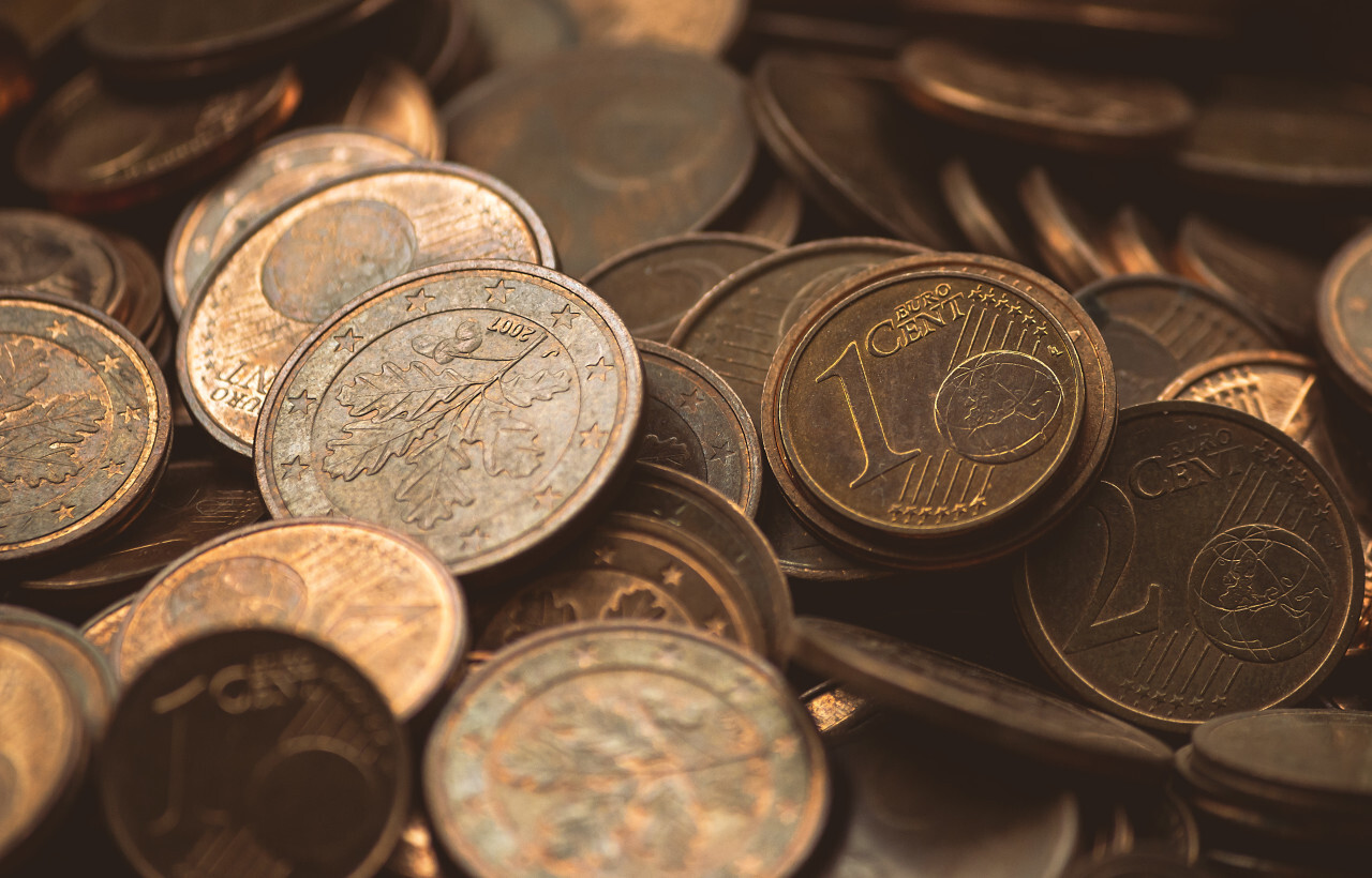 Image full of Euro cents, copper coin, one and two cents coin will be dismissed by ECB