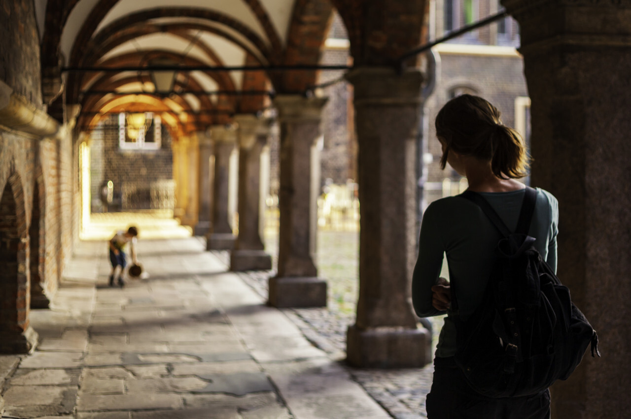 back view of a female tourist in lubeck