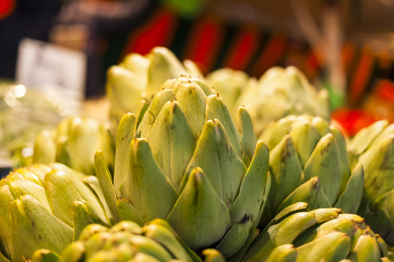 Fresh artichokes on a farmers market