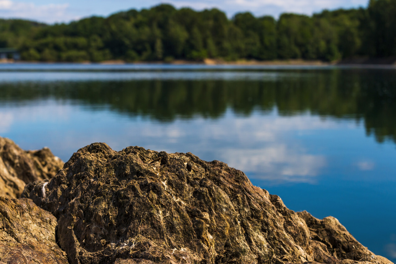 rock in front of a lake