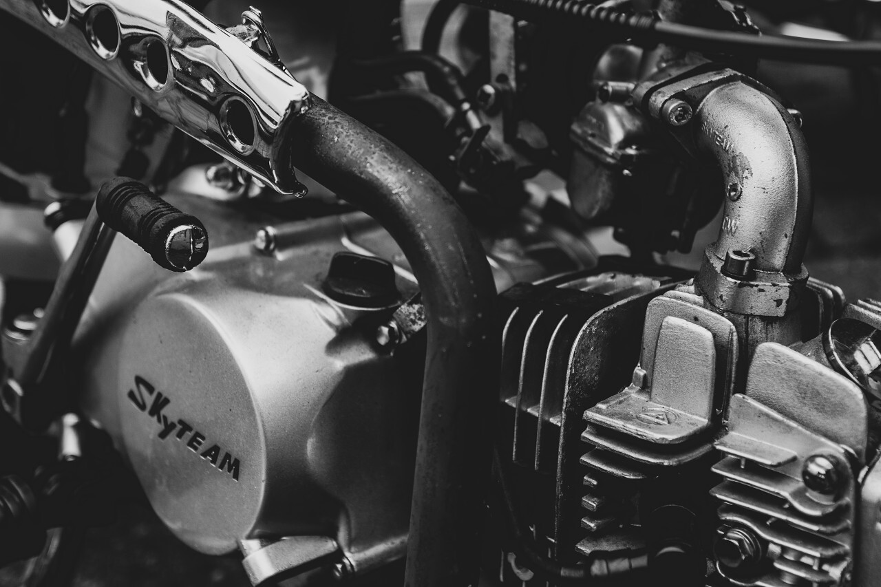 motorcycle detail shot engine in black and white