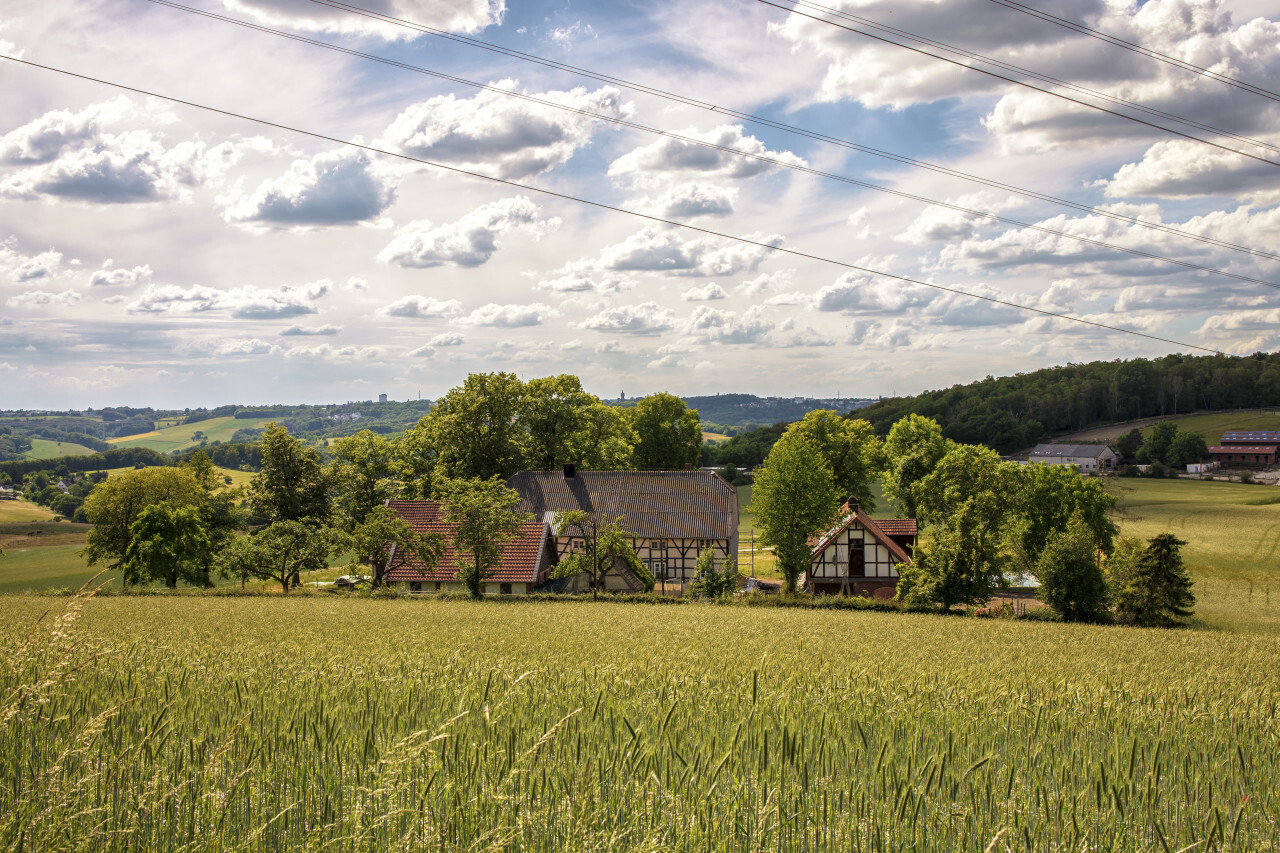 A beautiful organic farm in Germany under a blue sky