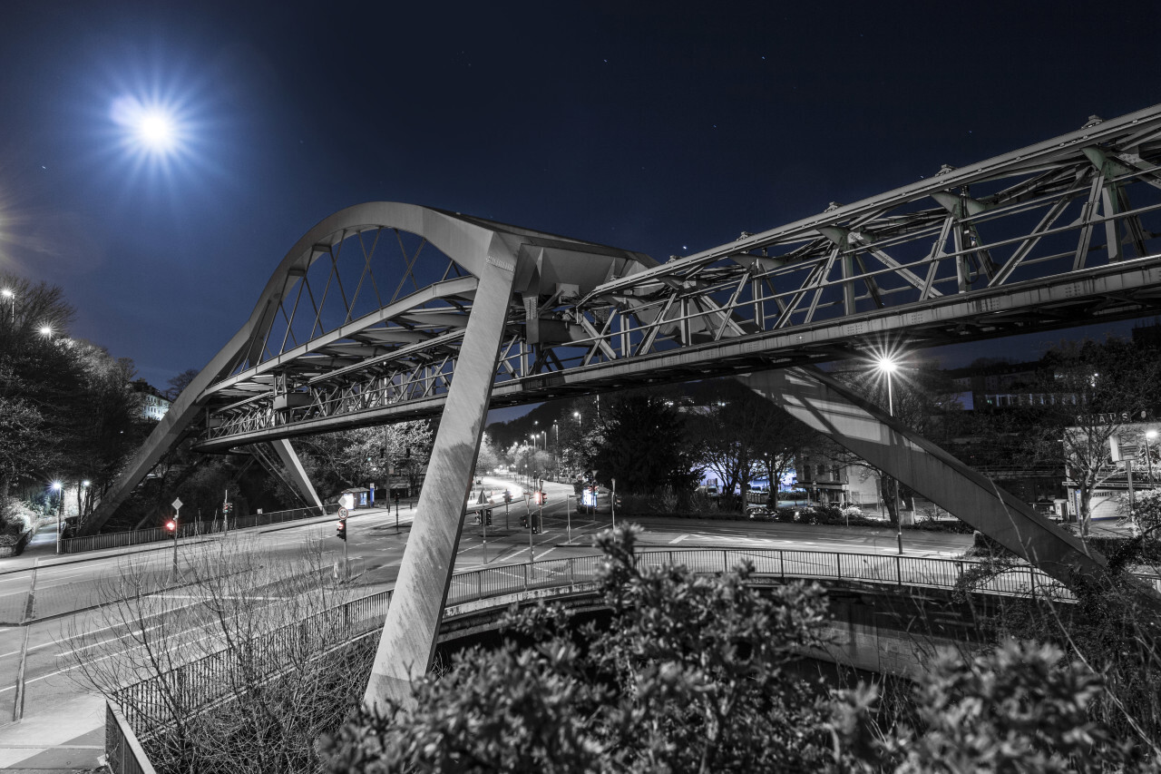 Wuppertal Suspension railway tracks brigde at night