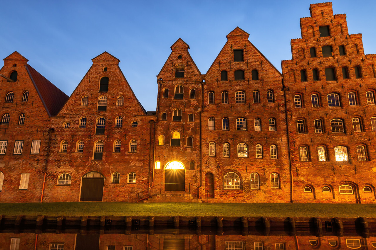 Beautiful shot of the Salzspeicher historical landmark in Lubeck, Germany at night