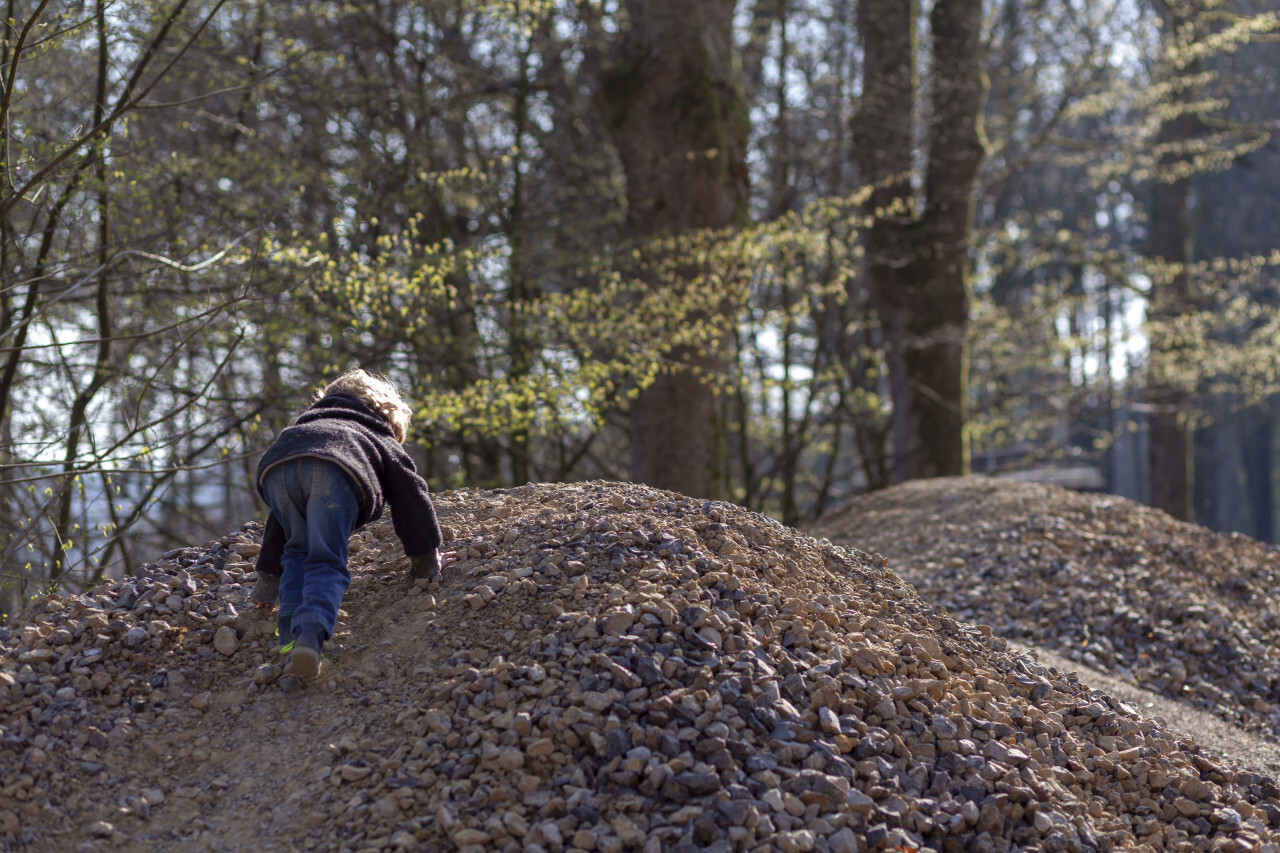 Child climbs a stony hill in the forest