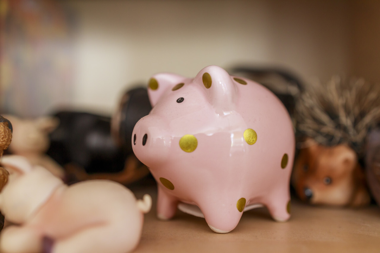 Pink piggy bank with golden dots on a shelf