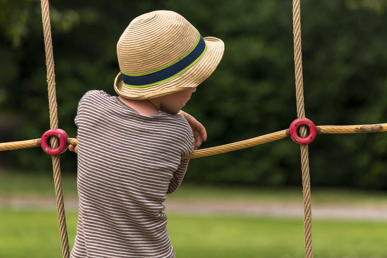 little boy on climbing frame