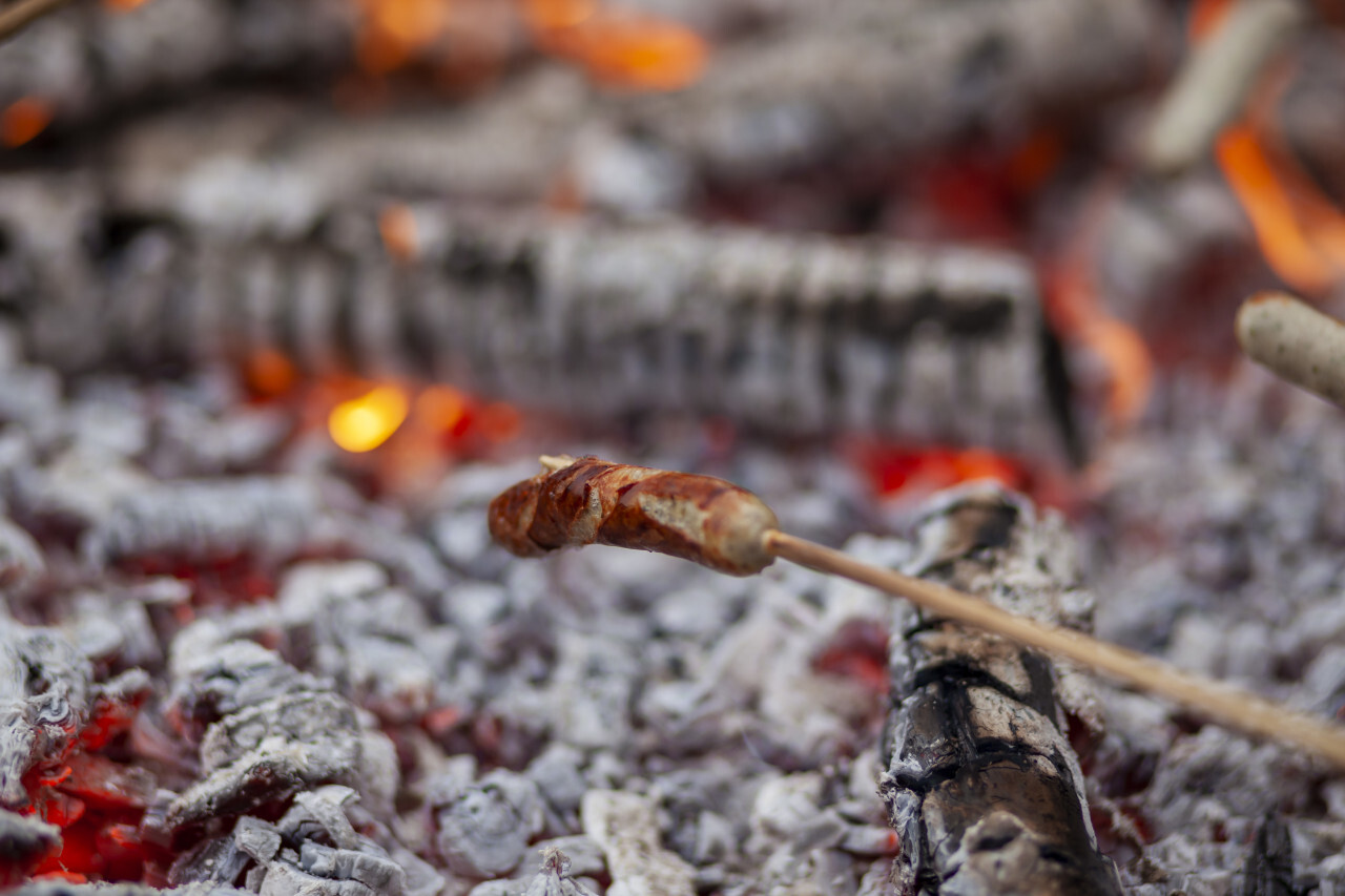 Barbecue sausages on sticks in bonfire