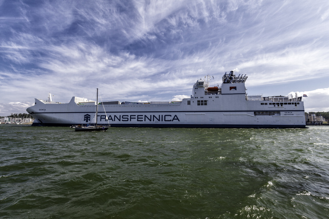 Lübeck, Schleswig-Holstein, Germany - JULY 27, 2019: GENCA Transfennica, Traveexpress Cargo - Hazard A Ship