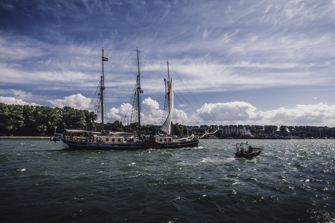 Travemünde, Schleswig-Holstein, Germany - JULY 27, 2019: Beautiful old Sailing Ship Three masted schooner Albert Johannes