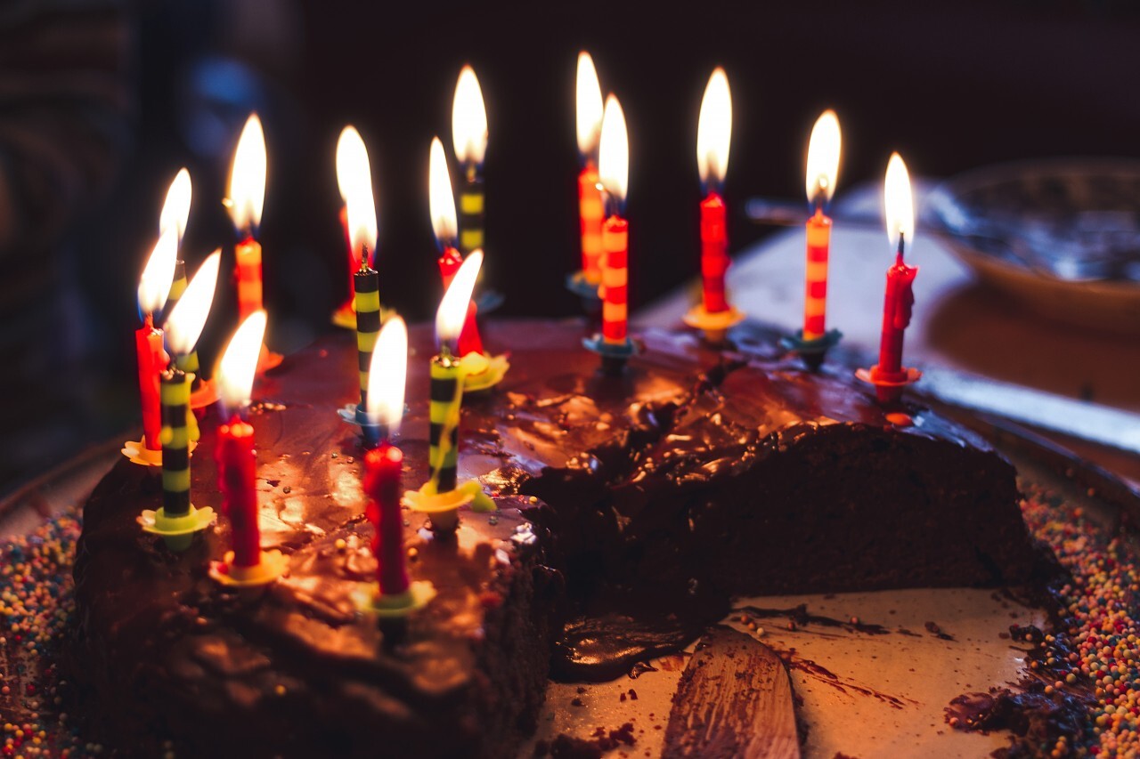 Homemade chocolate cake for birthday with candles