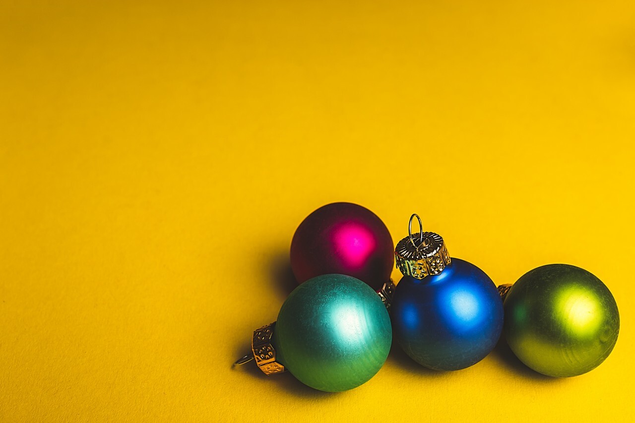 christmas tree balls yellow background