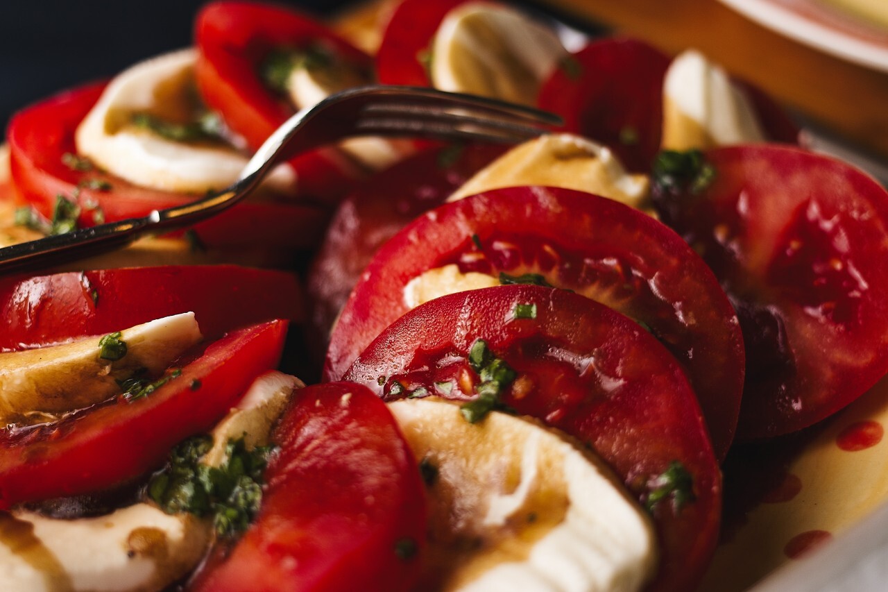 freshly harvested tomato with mozzarella