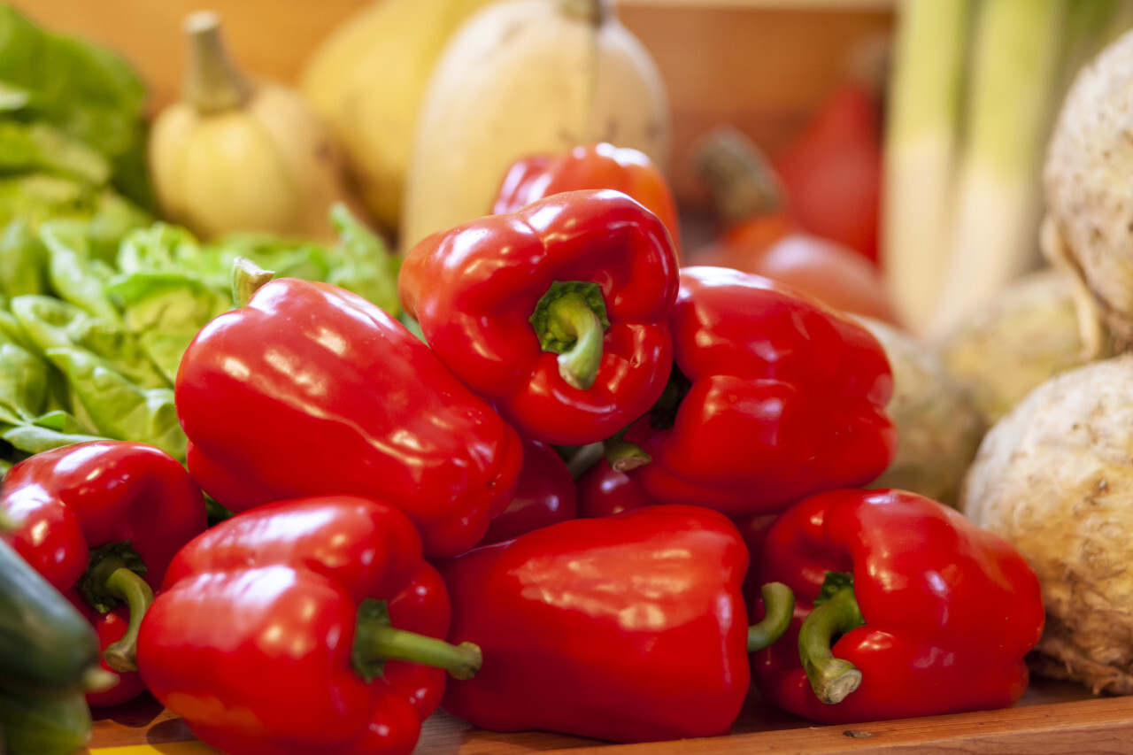 Red peppers on a table