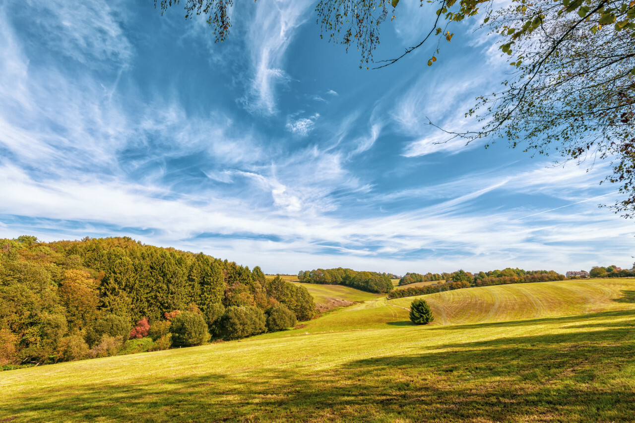 rural landscape with field and blue sky, wuppertal ronsdorf, nrw germany